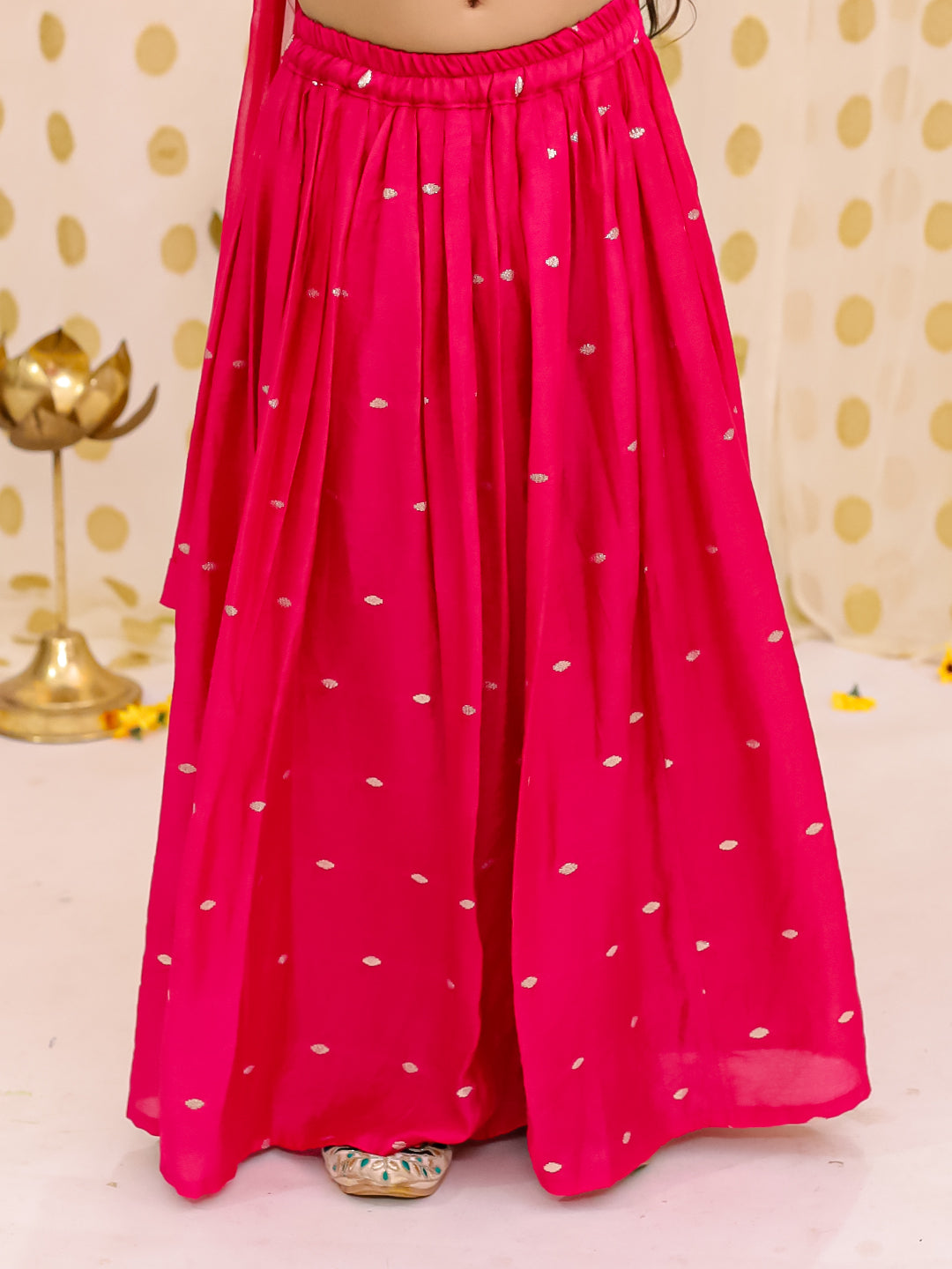 BownBee Short Sleeves Chanderi Lehenga Choli With Dupatta Set For Girls - Pink