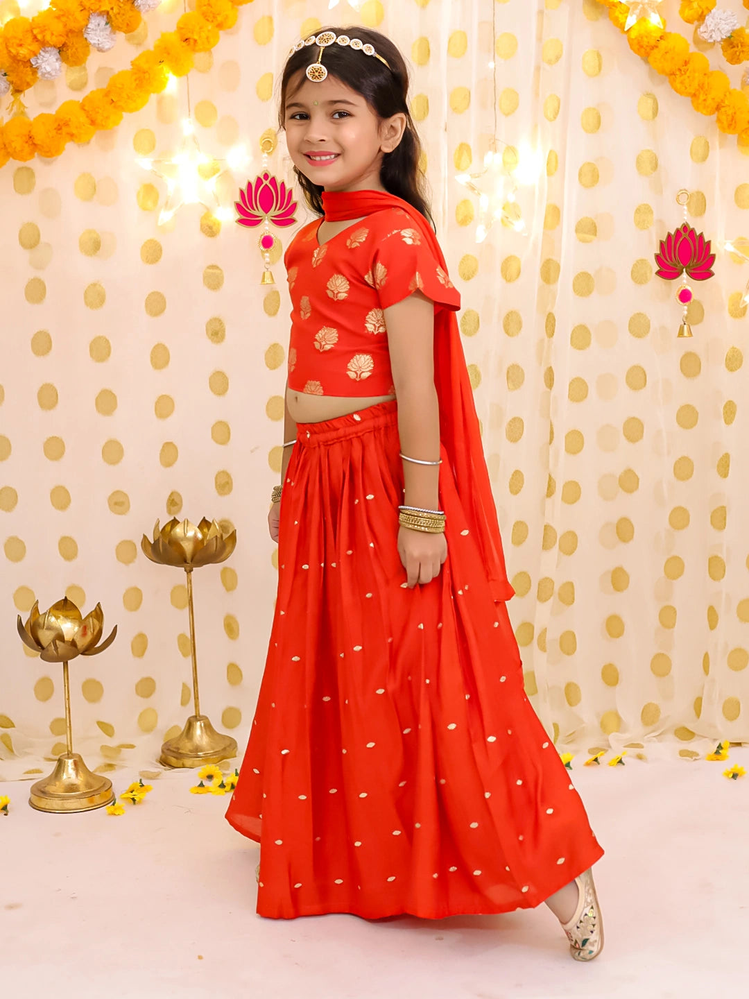 BownBee Short sleeves Chanderi Lehenga Choli With Dupatta Set For Girls
