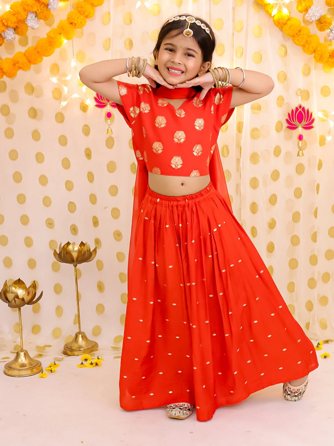 BownBee Chanderi Lehenga Choli & Kurta Pajama Jacket Sibling Set