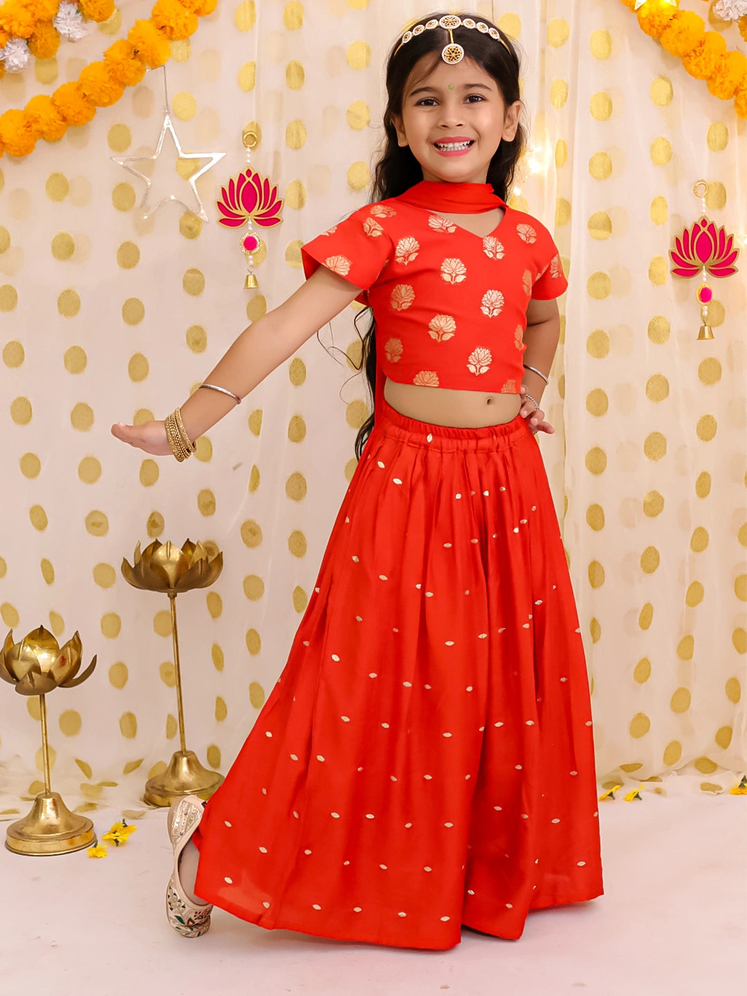 BownBee Short sleeves Chanderi Lehenga Choli With Dupatta Set For Girls