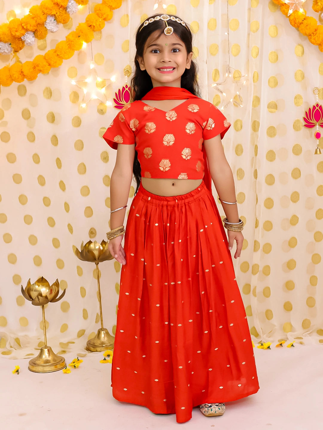 BownBee Short sleeves Chanderi Lehenga Choli With Dupatta Set For Girls