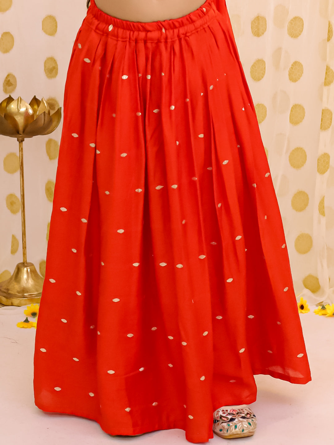 BownBee Short sleeves Chanderi Lehenga Choli With Dupatta Set For Girls - Rust