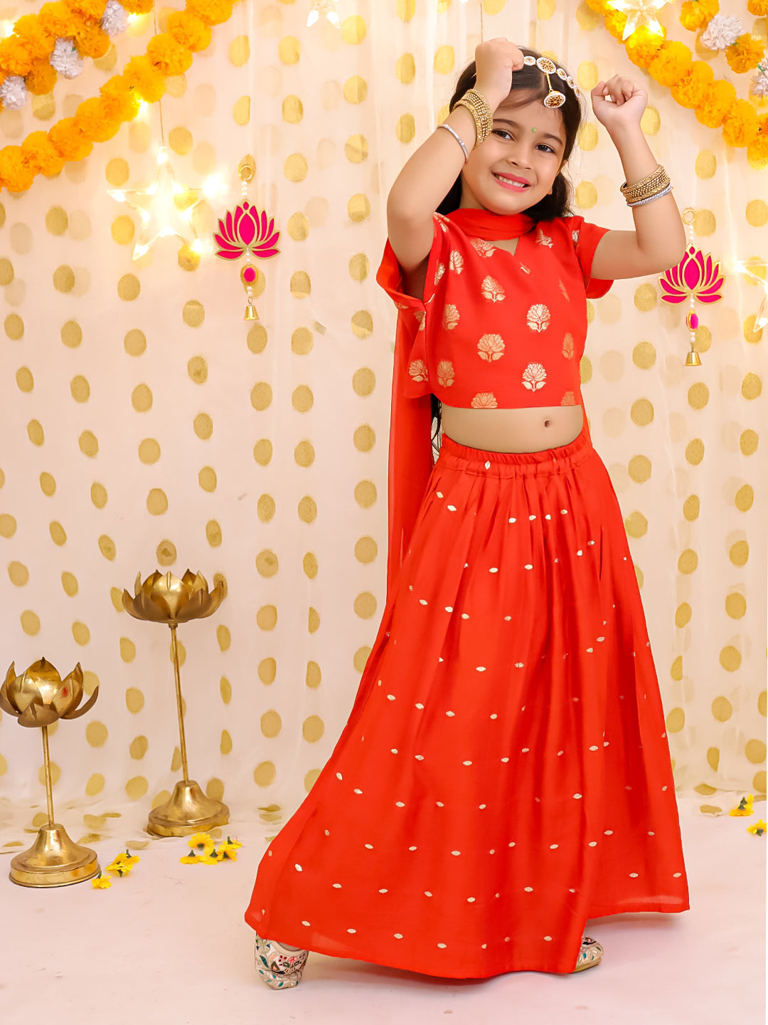 BownBee Short Sleeves Chanderi Lehenga Choli With Dupatta Set For Girls - Pink