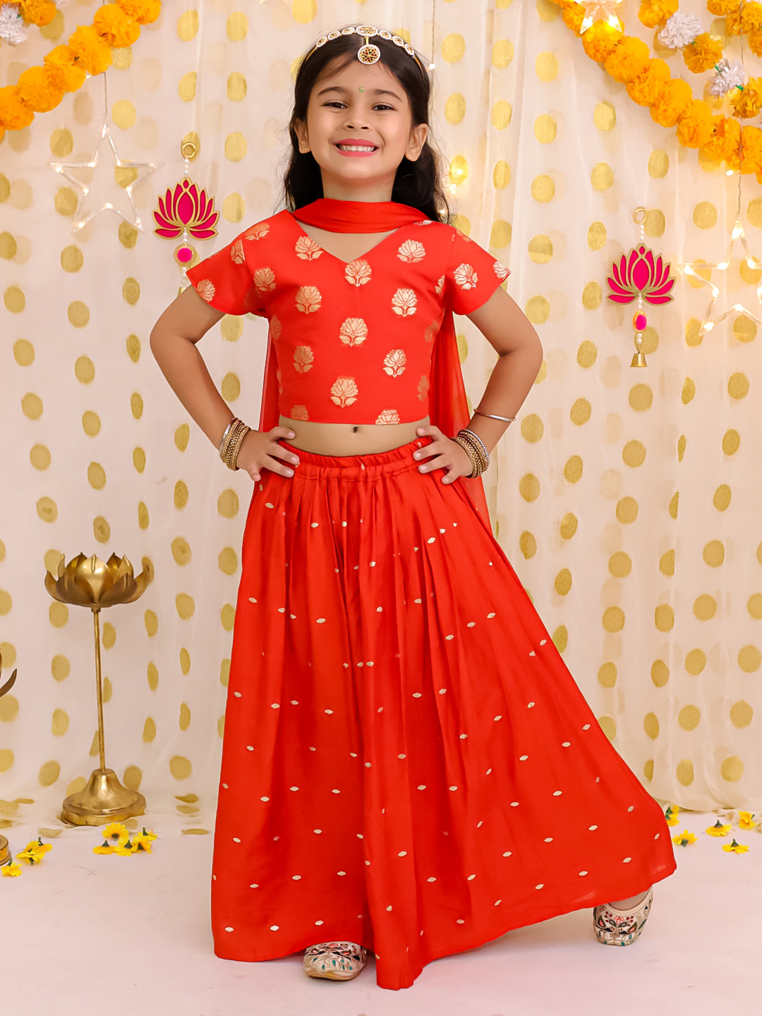 BownBee Chanderi Lehenga Choli & Kurta Pajama Jacket Sibling Set - Rust