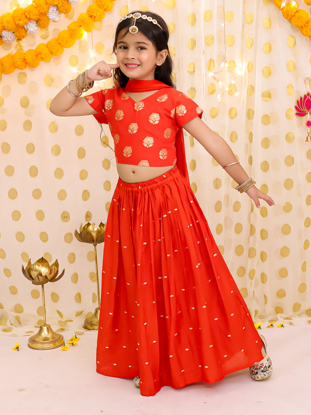 BownBee Short sleeves Chanderi Lehenga Choli With Dupatta Set For Girls - Rust