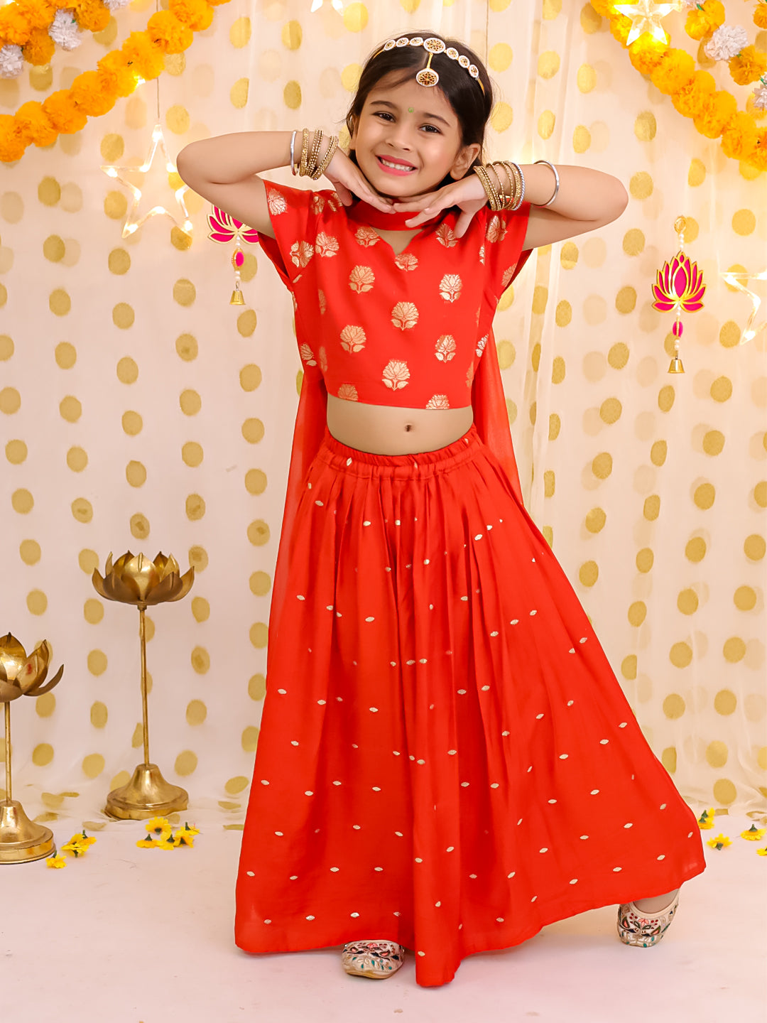 BownBee Short sleeves Chanderi Lehenga Choli With Dupatta Set For Girls - Rust