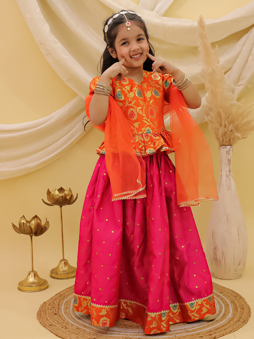 BownBee Short Sleeves jacquard Peplum Lehenga Choli With Dupatta Set For Girls - Pink