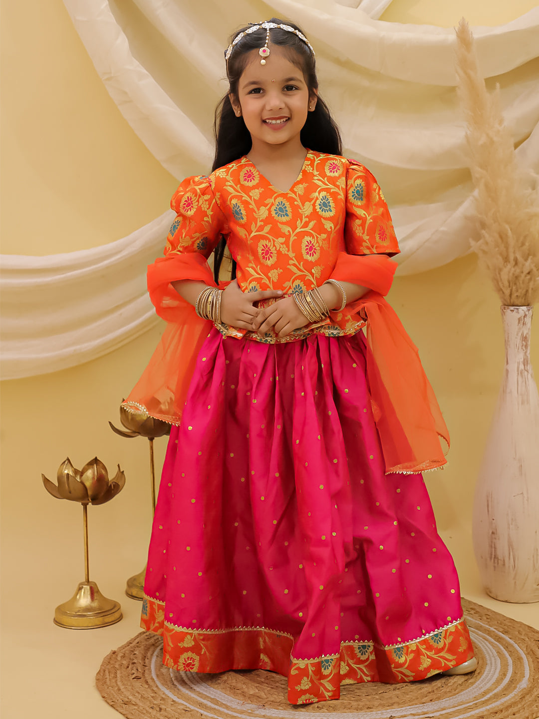 BownBee Short Sleeves jacquard Peplum Lehenga Choli With Dupatta Set For Girls - Pink