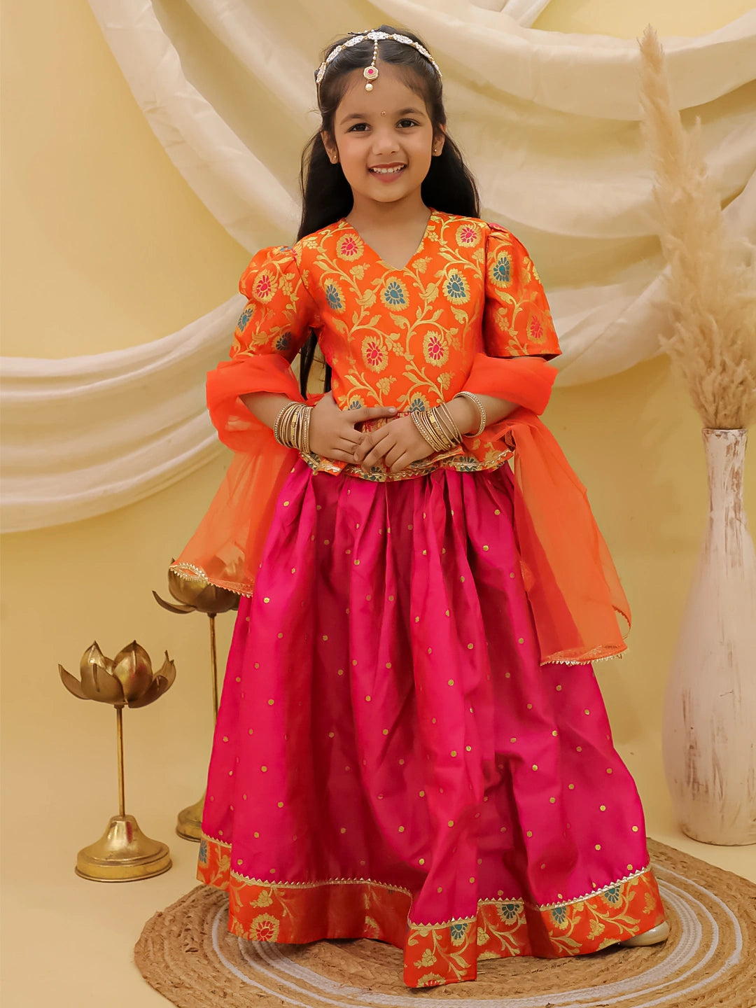BownBee Short Sleeves jacquard Peplum Lehenga Choli With Dupatta Set For Girls