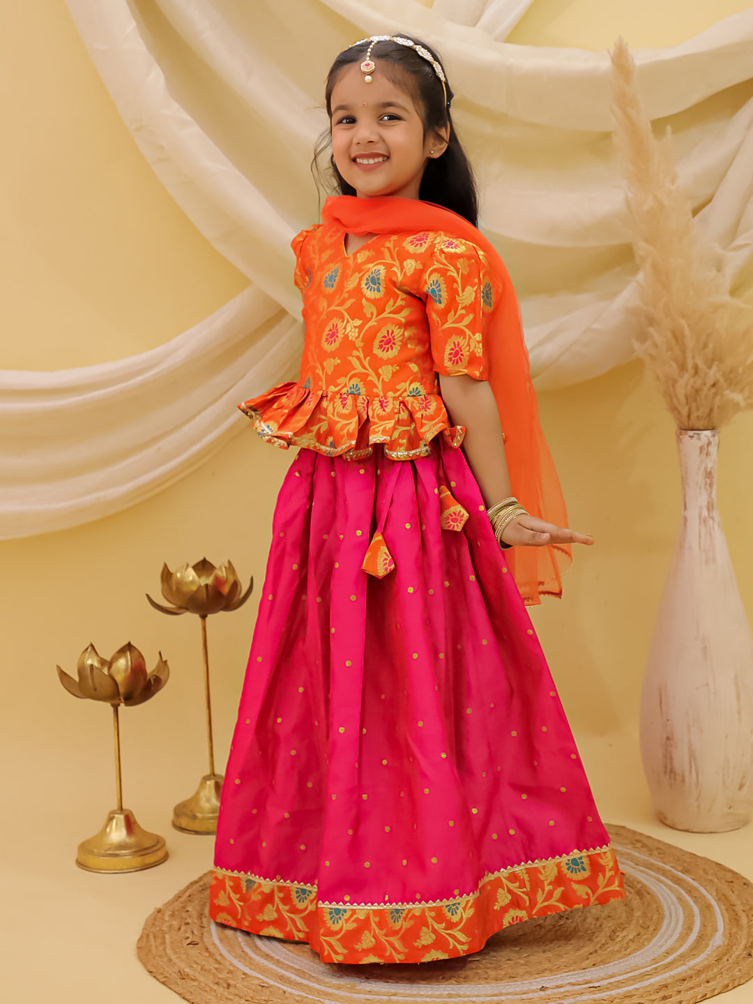 BownBee Short Sleeves jacquard Peplum Lehenga Choli With Dupatta Set For Girls - Pink