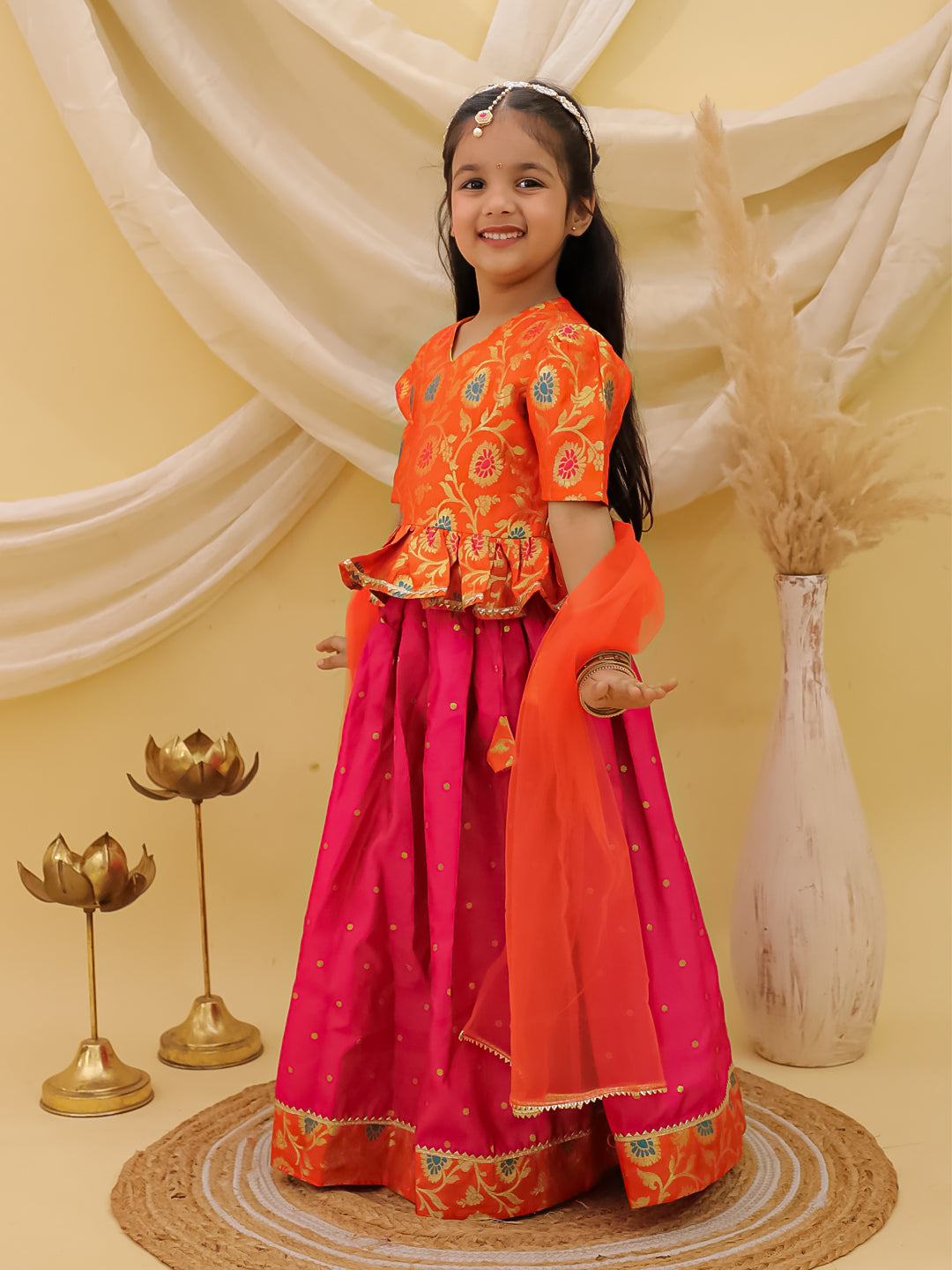 BownBee Short Sleeves jacquard Peplum Lehenga Choli With Dupatta Set For Girls - Pink