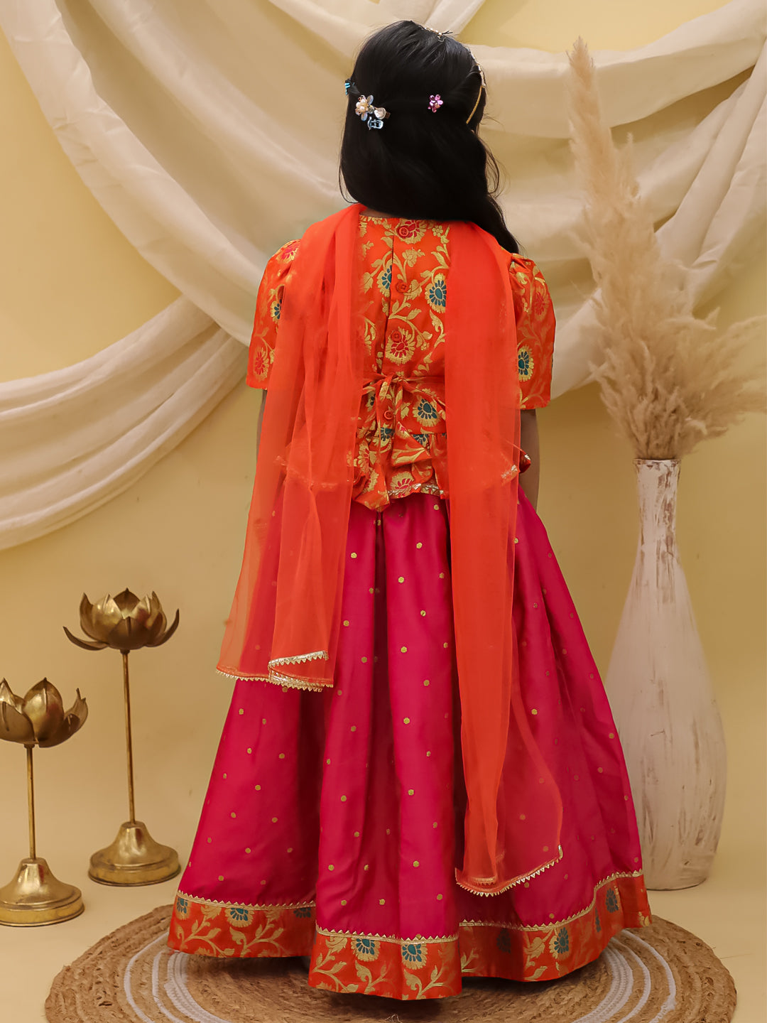 BownBee Short Sleeves jacquard Peplum Lehenga Choli With Dupatta Set For Girls - Pink