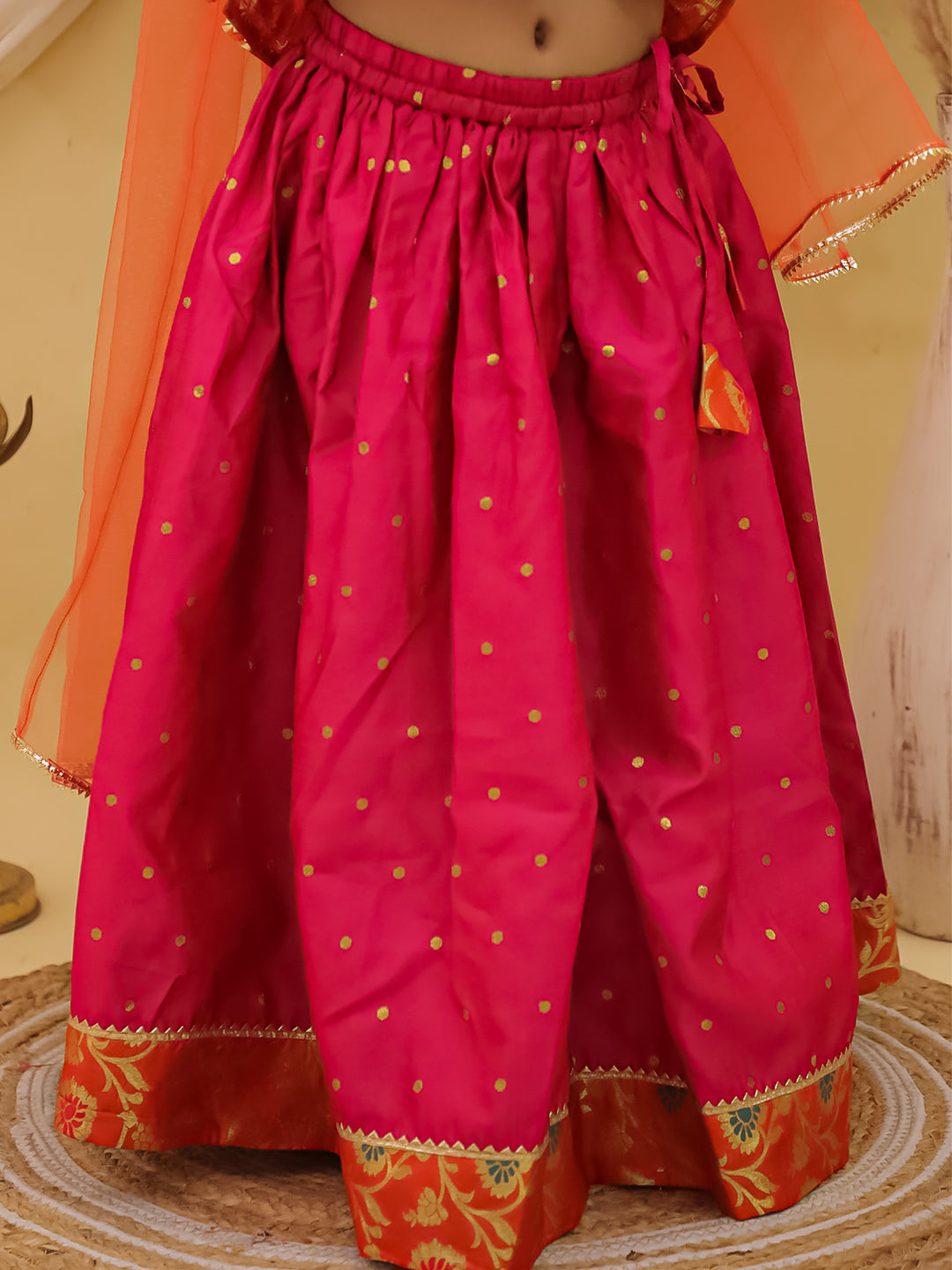 BownBee Short Sleeves jacquard Peplum Lehenga Choli With Dupatta Set For Girls - Pink