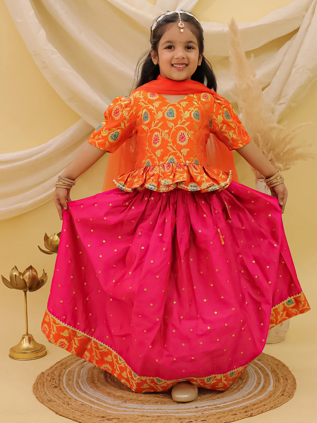 BownBee Short Sleeves jacquard Peplum Lehenga Choli With Dupatta Set For Girls