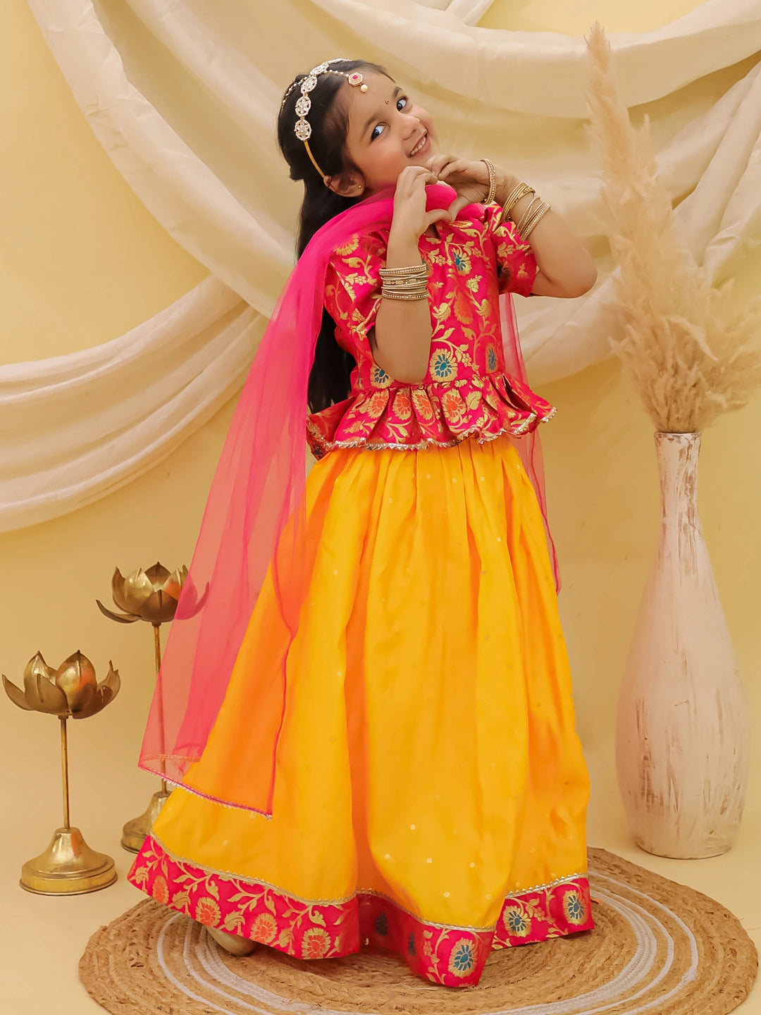 BownBee Short Sleeves jacquard Peplum Lehenga Choli With Dupatta Set For Girls