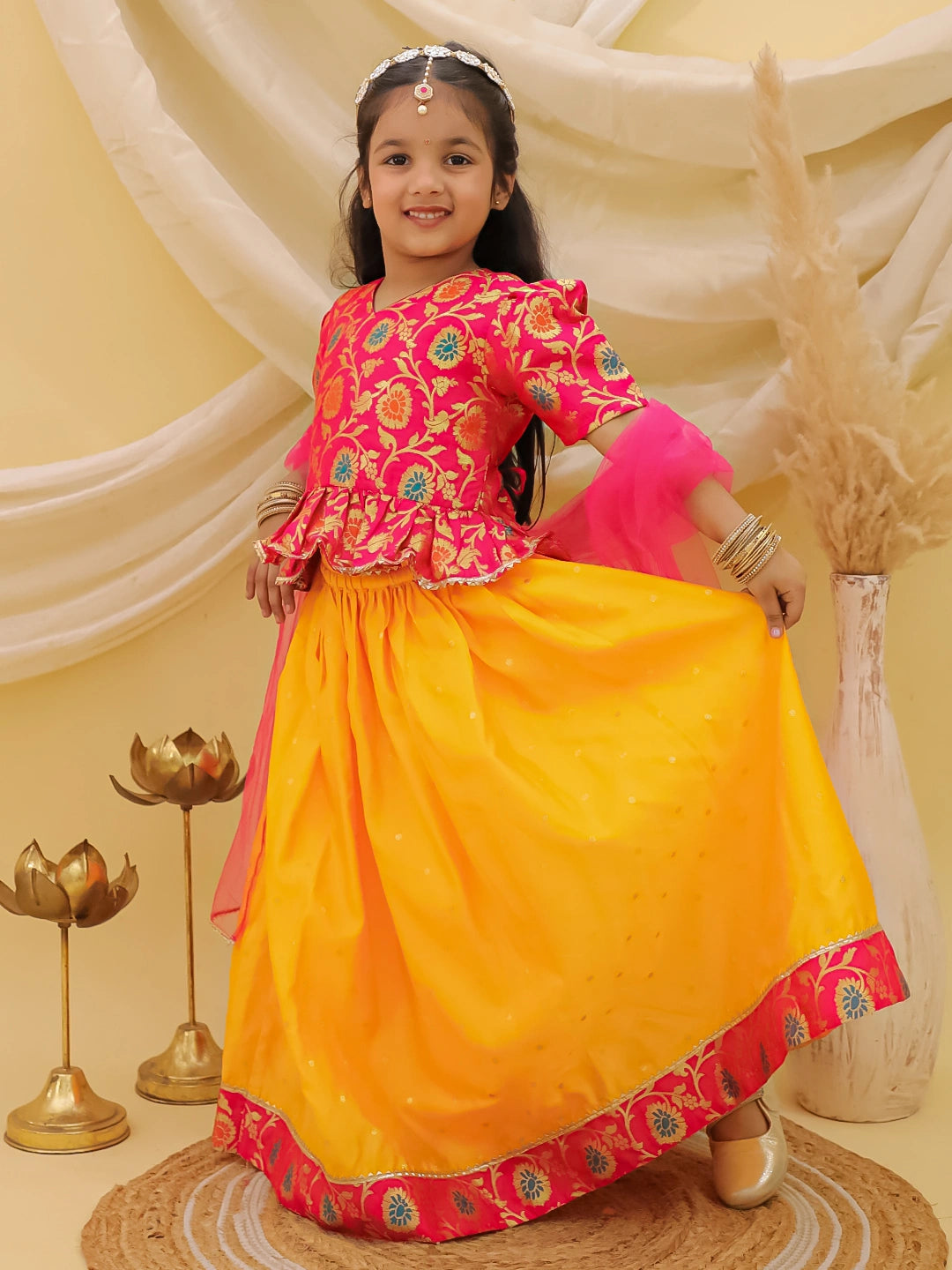 BownBee Short Sleeves jacquard Peplum Lehenga Choli With Dupatta Set For Girls