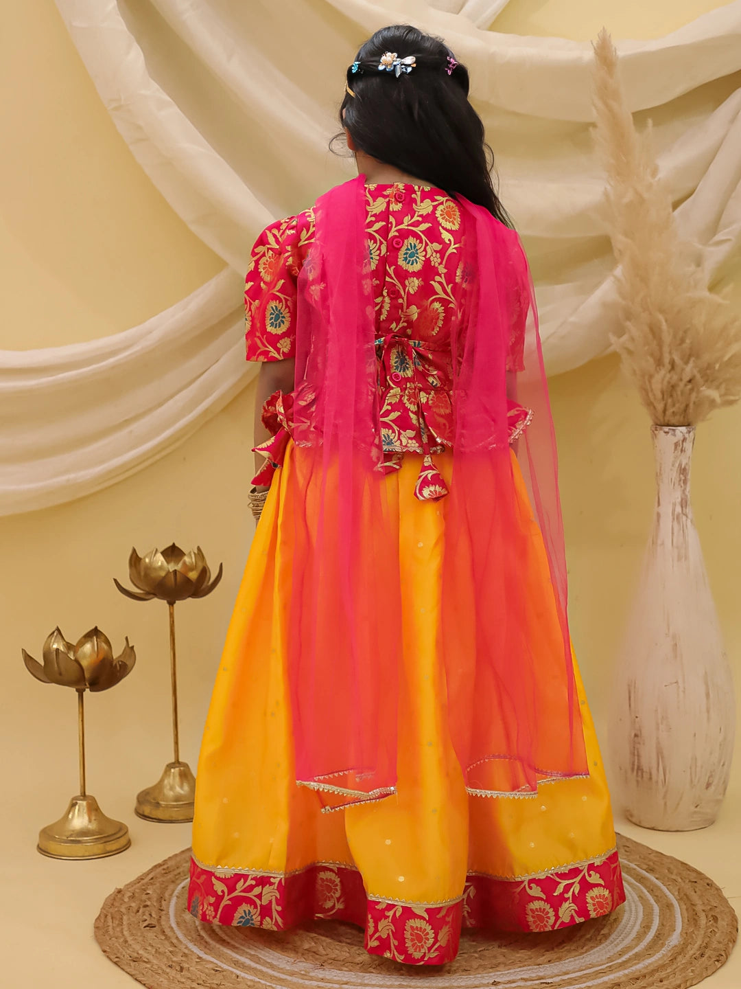 BownBee Short Sleeves jacquard Peplum Lehenga Choli With Dupatta Set For Girls