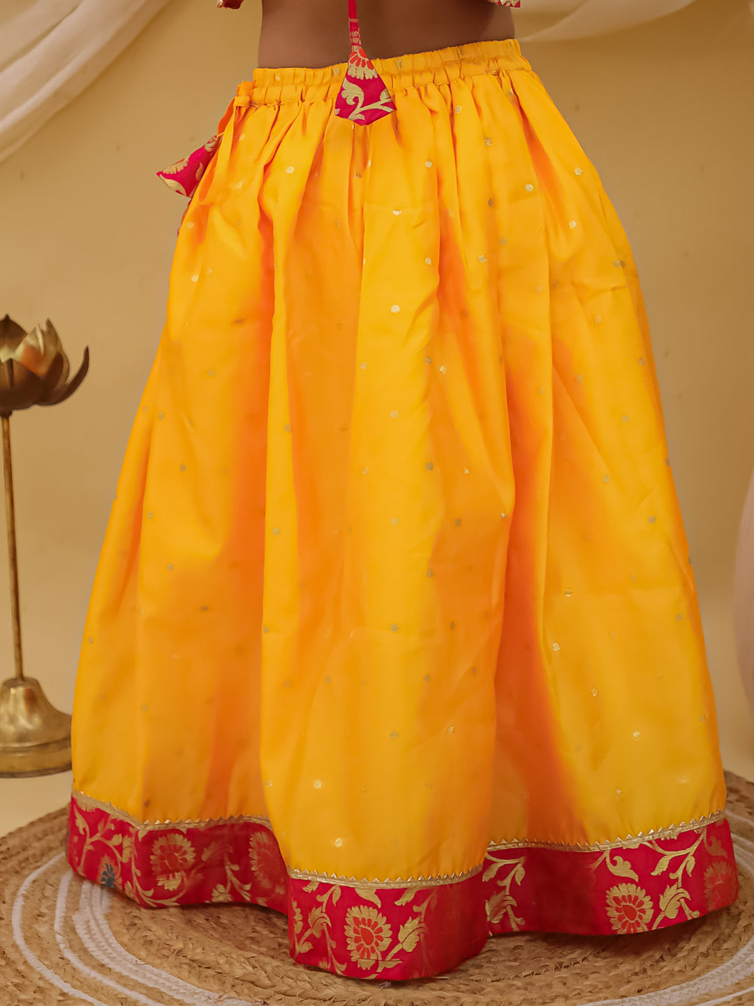 BownBee Short Sleeves jacquard Peplum Lehenga Choli With Dupatta Set For Girls - Pink