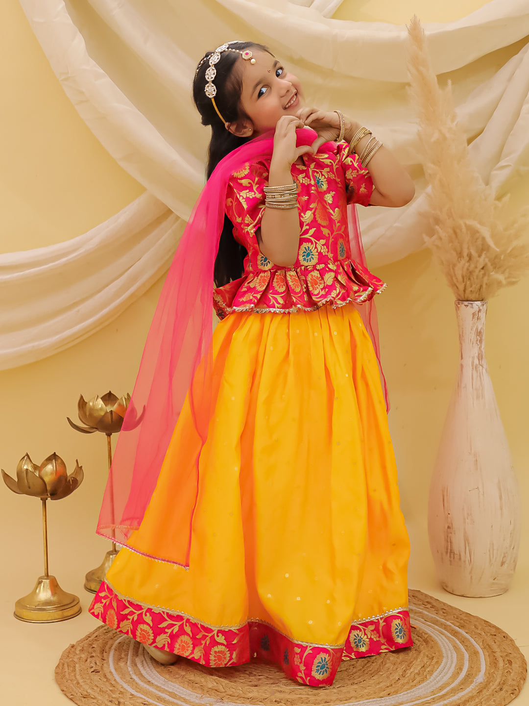 BownBee Short Sleeves jacquard Peplum Lehenga Choli With Dupatta Set For Girls - Pink