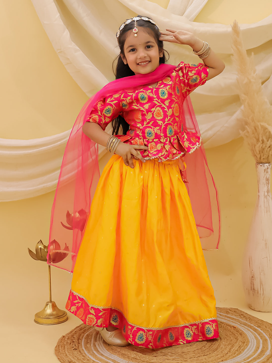 BownBee Short Sleeves jacquard Peplum Lehenga Choli With Dupatta Set For Girls - Pink