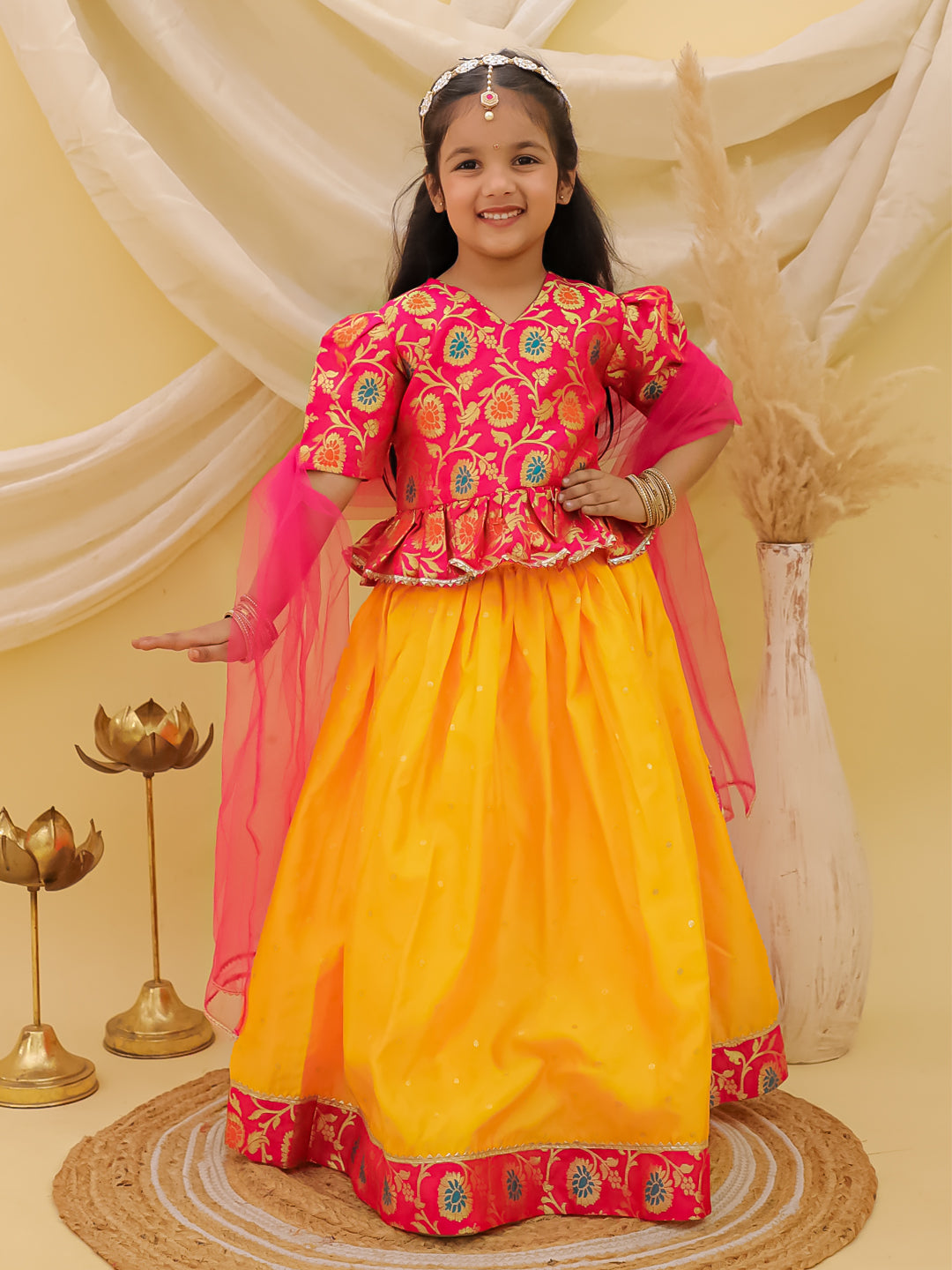 BownBee Short Sleeves jacquard Peplum Lehenga Choli With Dupatta Set For Girls - Pink