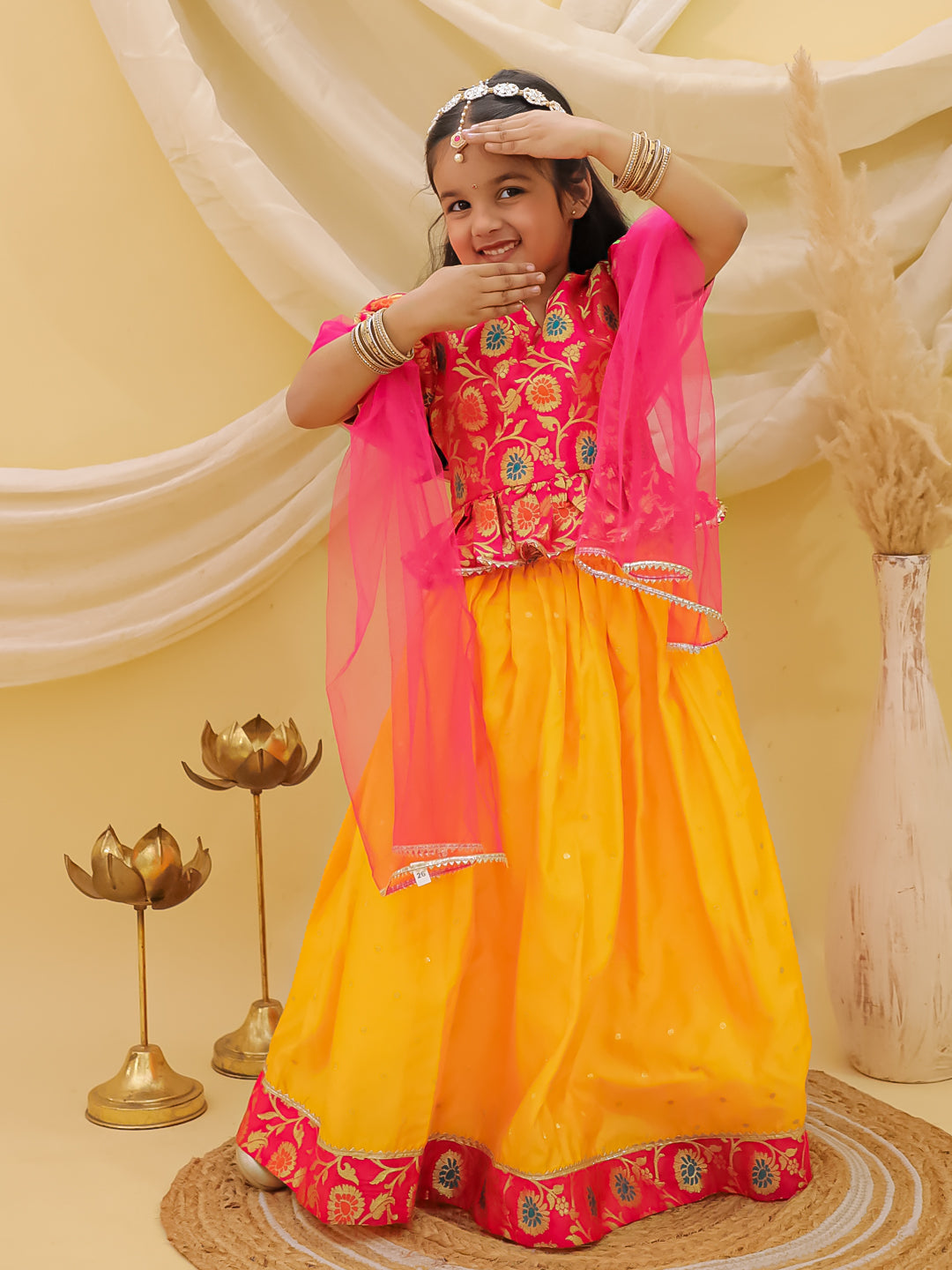 BownBee Short Sleeves jacquard Peplum Lehenga Choli With Dupatta Set For Girls - Pink