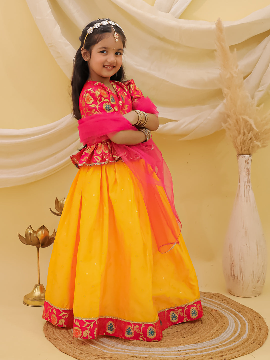 BownBee Short Sleeves jacquard Peplum Lehenga Choli With Dupatta Set For Girls - Pink