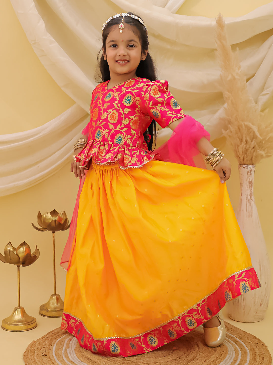 BownBee Short Sleeves jacquard Peplum Lehenga Choli With Dupatta Set For Girls - Pink