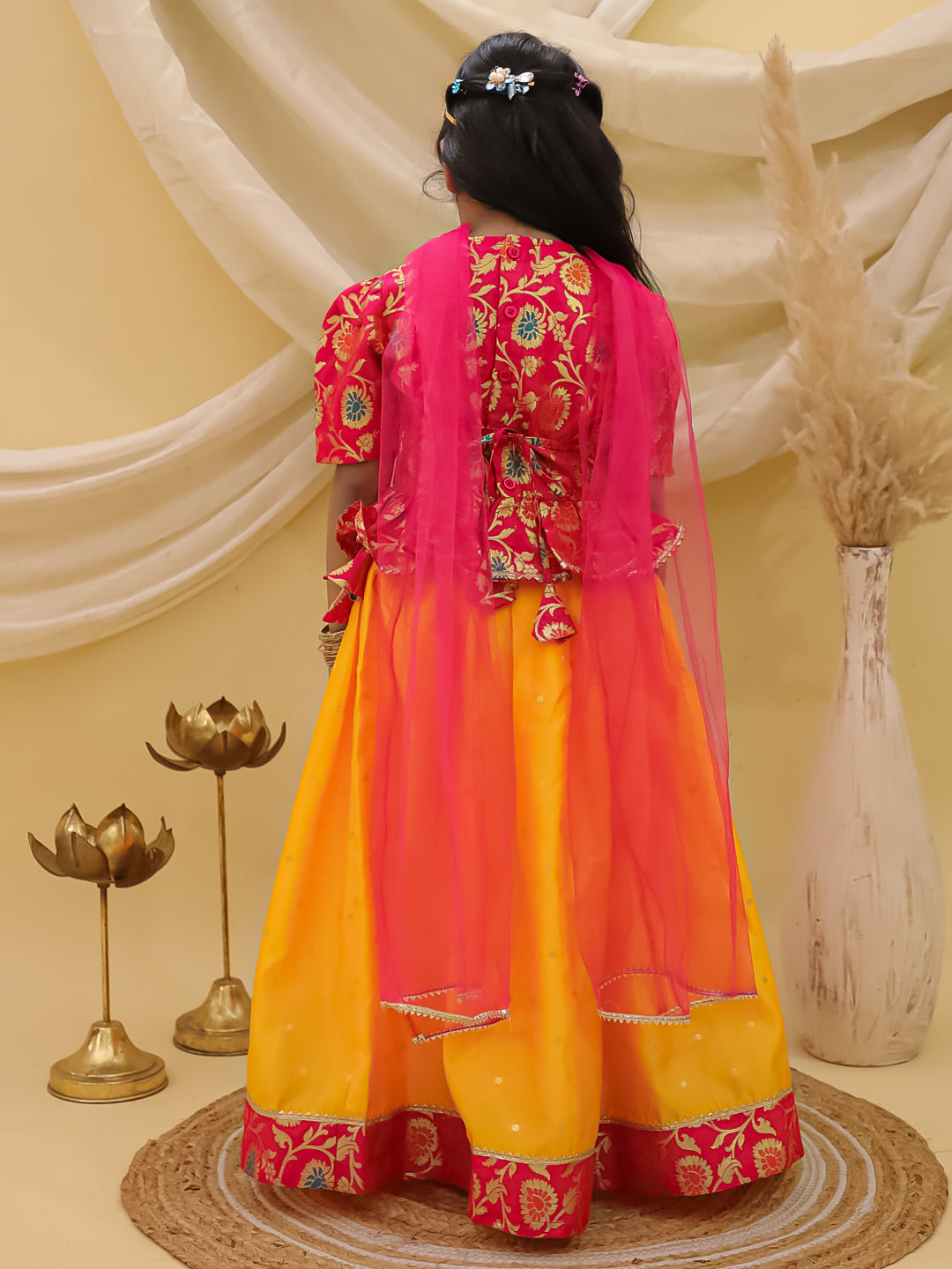 BownBee Short Sleeves jacquard Peplum Lehenga Choli With Dupatta Set For Girls - Pink