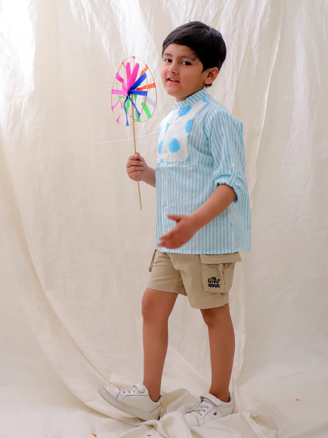 BownBee Summer Long Sleeves Polka Dots Short Kurta For Boys