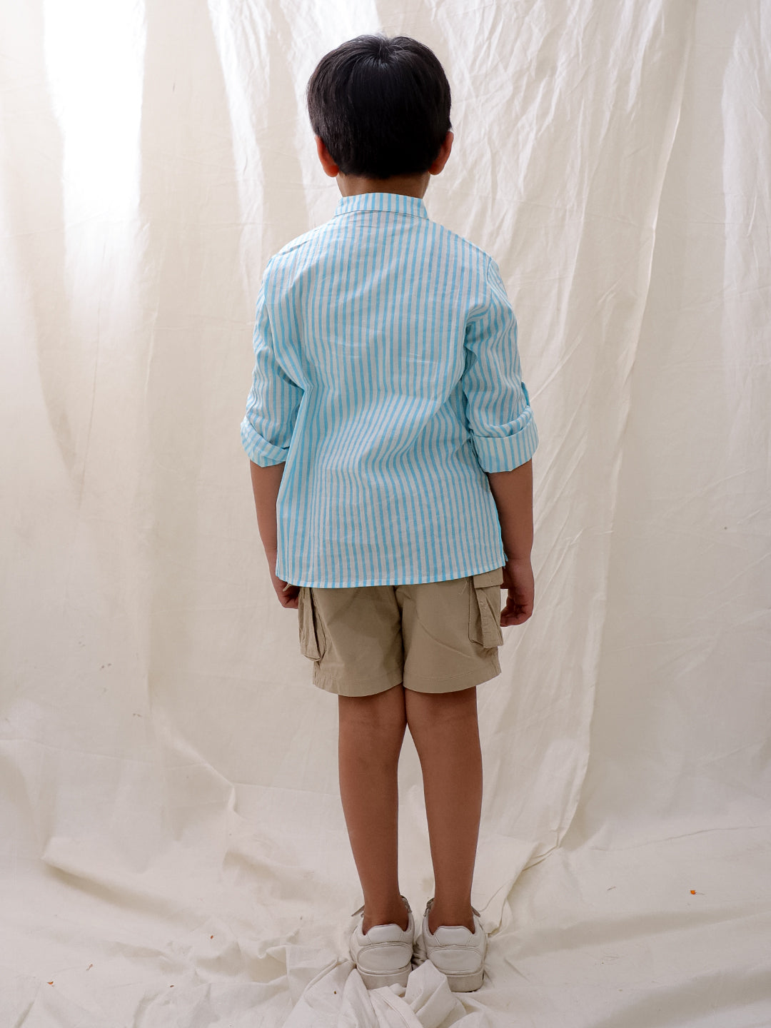 BownBee Summer Long Sleeves Polka Dots Short Kurta For Boys - Blue