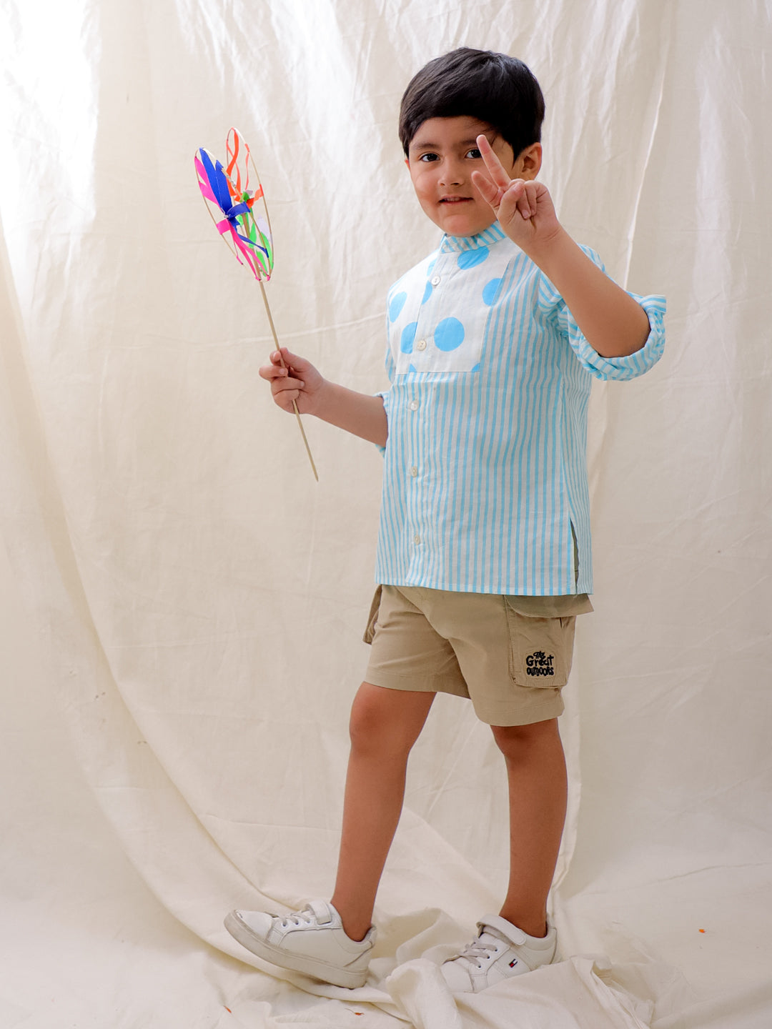 BownBee Summer Long Sleeves Polka Dots Short Kurta For Boys - Blue