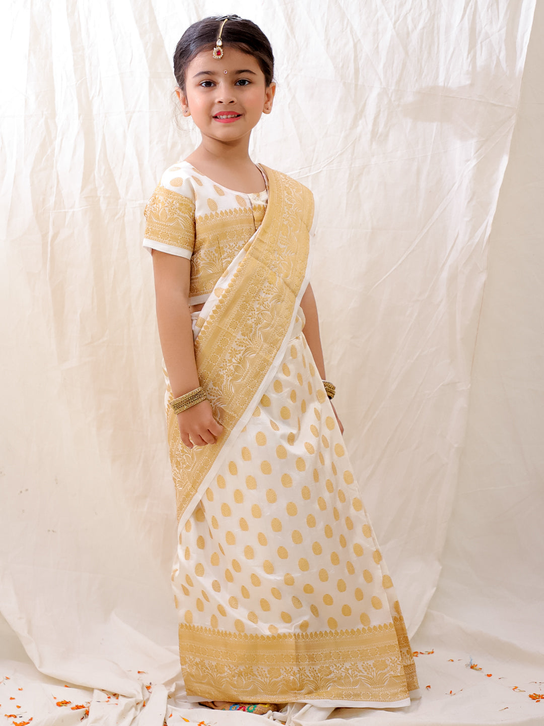 BownBee Ethnic Woven Design Ready To Wear Nauvari Saree For Girls - Purple