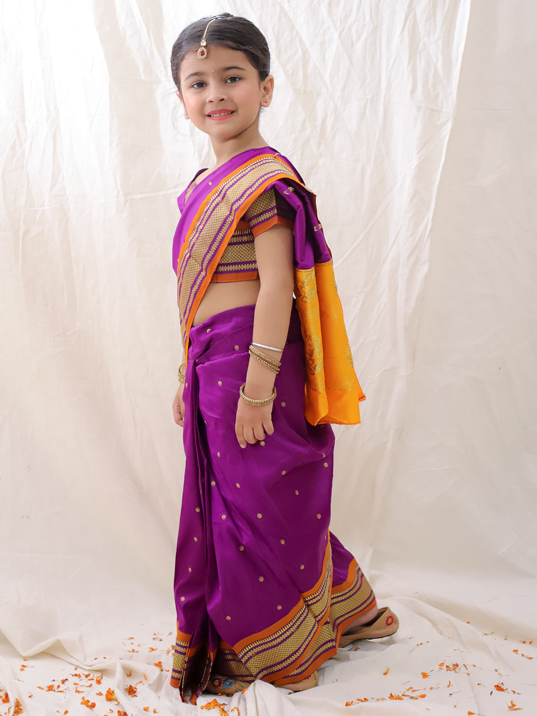 BownBee Ethnic Woven Design Ready To Wear Nauvari Saree For Girls - Purple