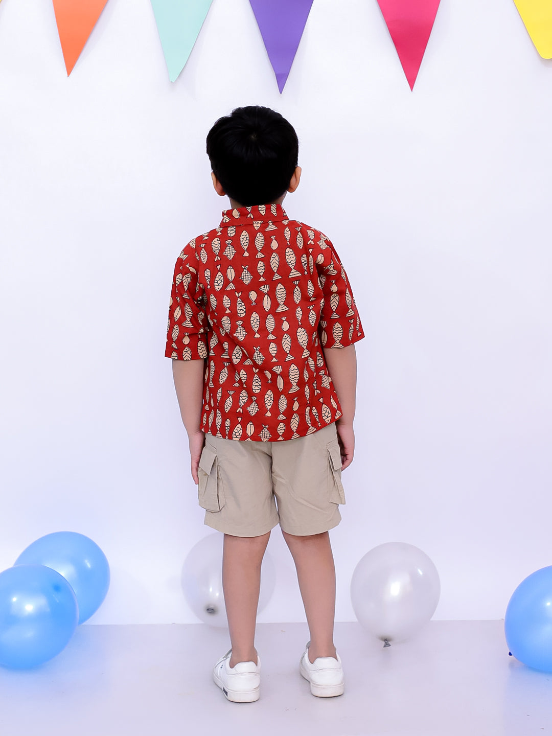 BownBee Pure Cotton Fish Printed Clothing Set & Shirt Sibling Set - Maroon