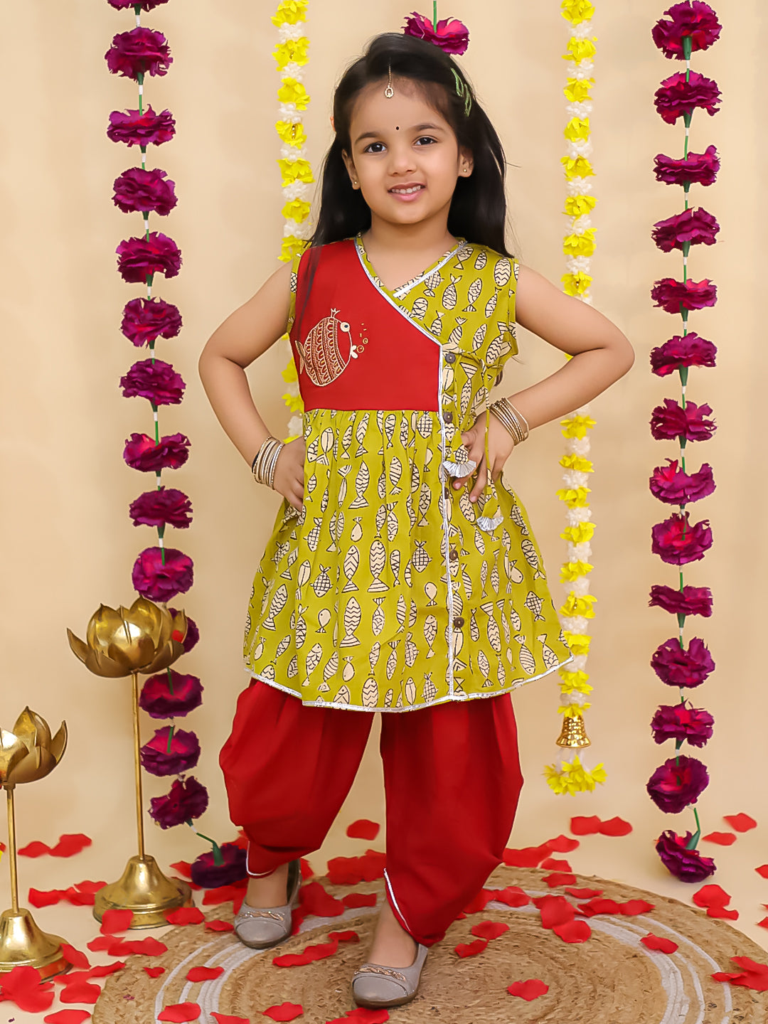 BownBee Pure Cotton Embroidered Sleeveless Angarakha style Fish Print Kurti With Dhoti For Girls- Mustard