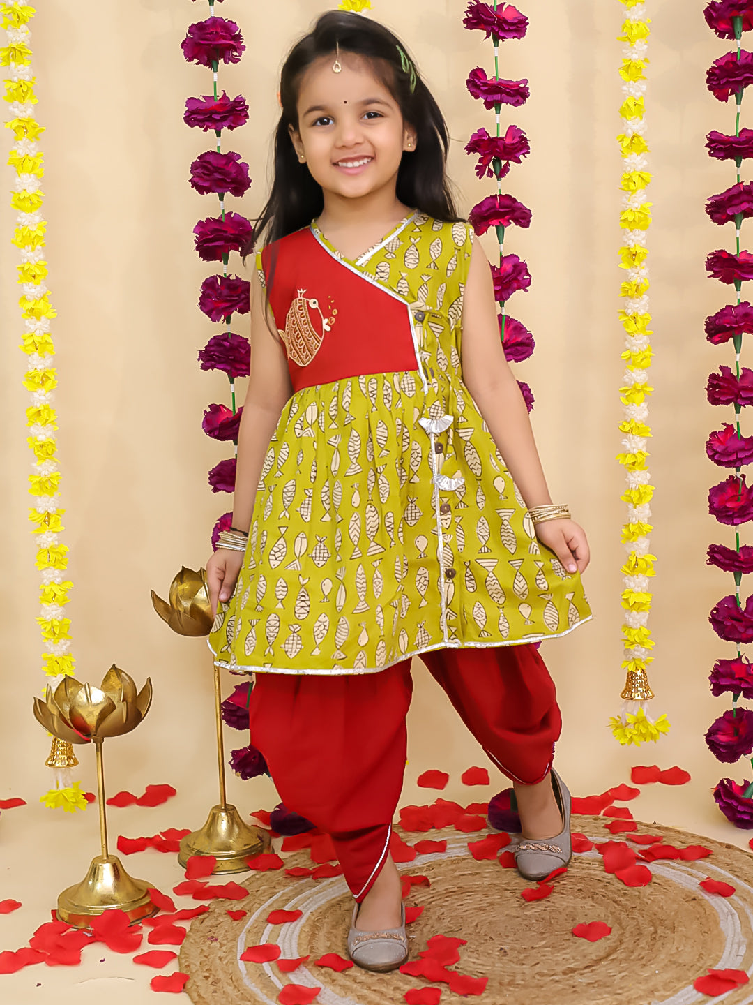 BownBee Pure Cotton Embroidered Sleeveless Angarakha style Fish Print Kurti With Dhoti For Girls- Mustard