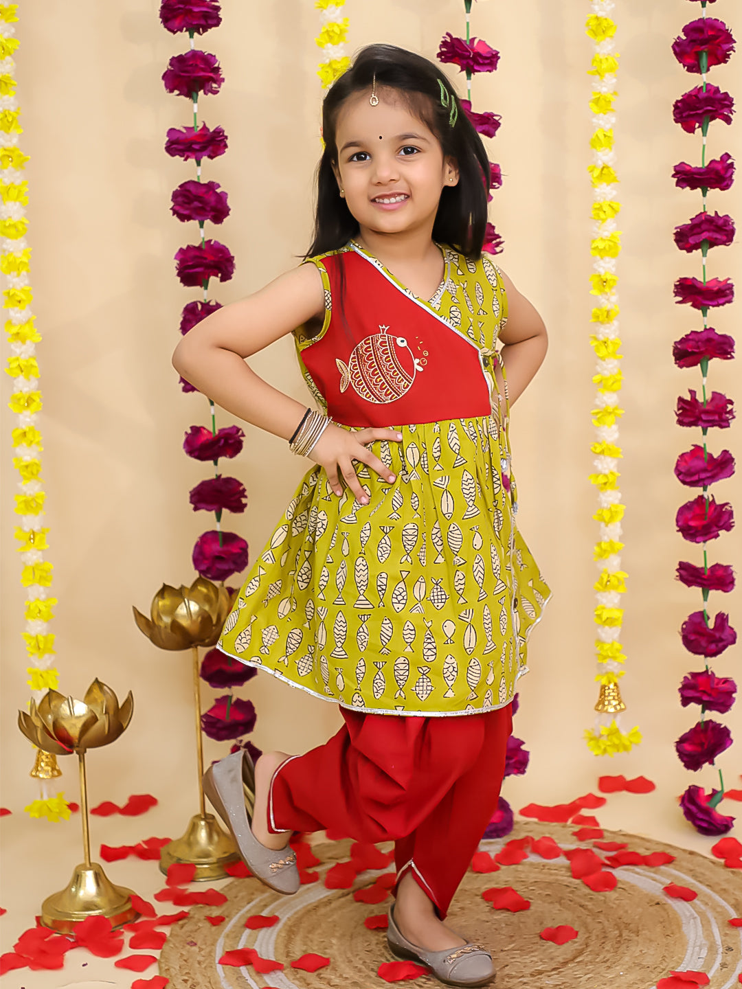 BownBee Pure Cotton Embroidered Sleeveless Angarakha style Fish Print Kurti With Dhoti For Girls- Mustard