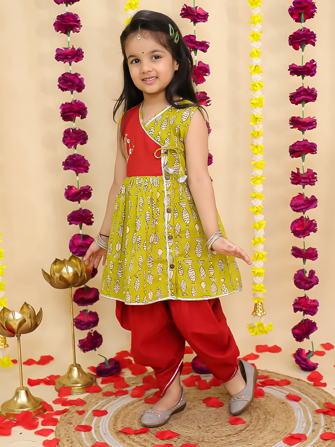 BownBee Pure Cotton Embroidered Sleeveless Angarakha style Fish Print Kurti With Dhoti For Girls- Mustard