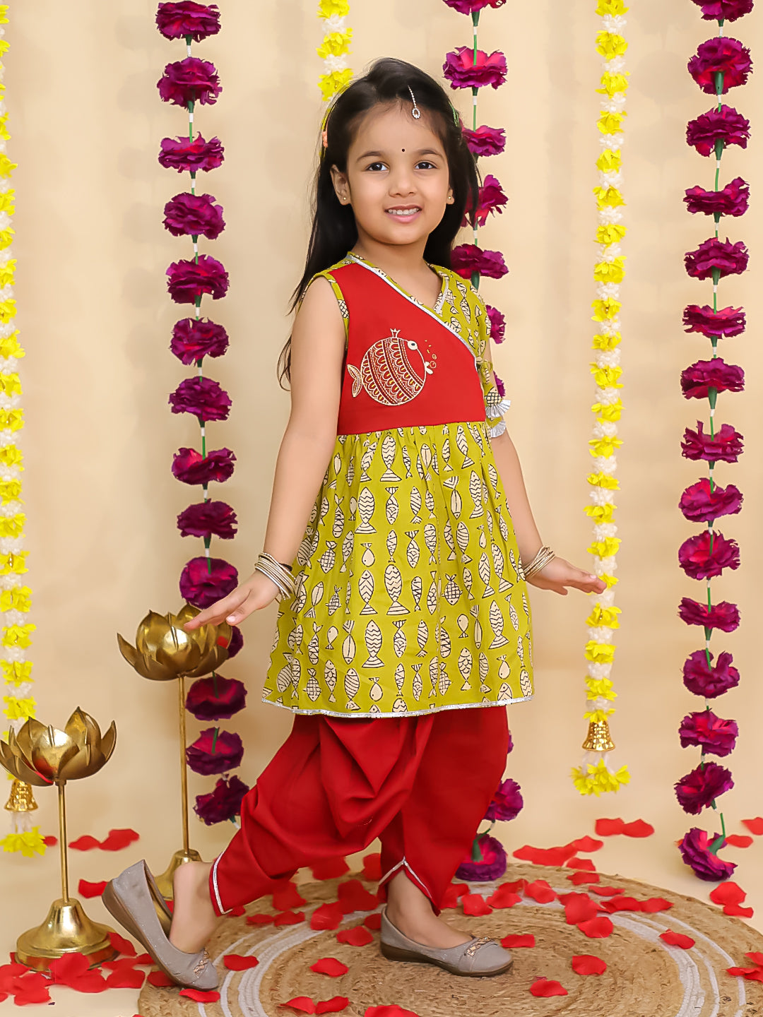 BownBee Pure Cotton Embroidered Sleeveless Angarakha style Fish Print Kurti With Dhoti For Girls- Mustard