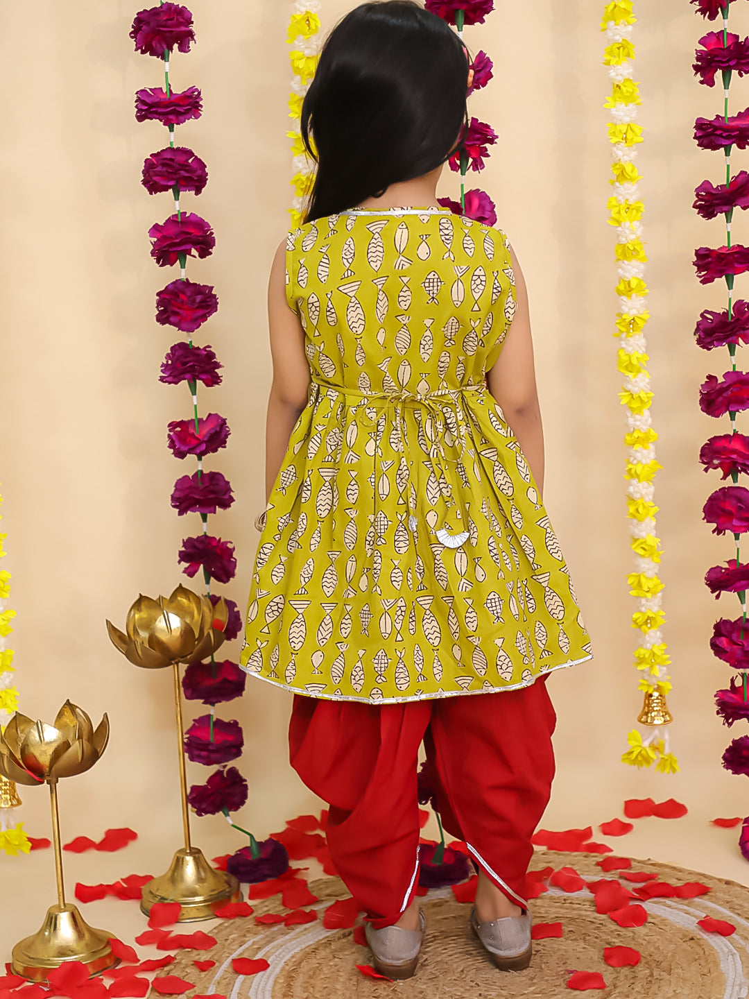 BownBee Pure Cotton Embroidered Sleeveless Angarakha style Fish Print Kurti With Dhoti For Girls- Mustard