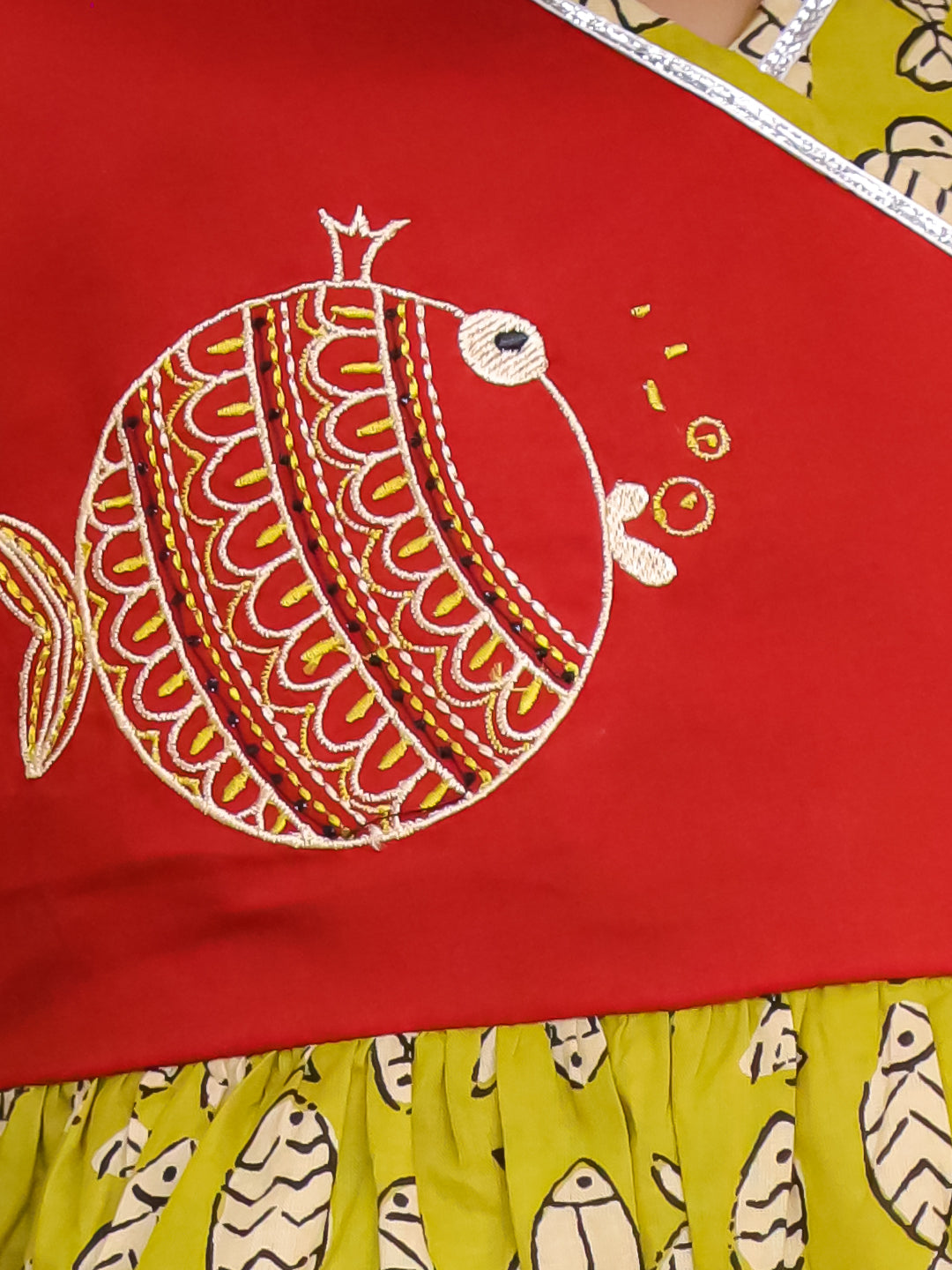 BownBee Pure Cotton Embroidered Sleeveless Angarakha style Fish Print Kurti With Dhoti For Girls- Mustard