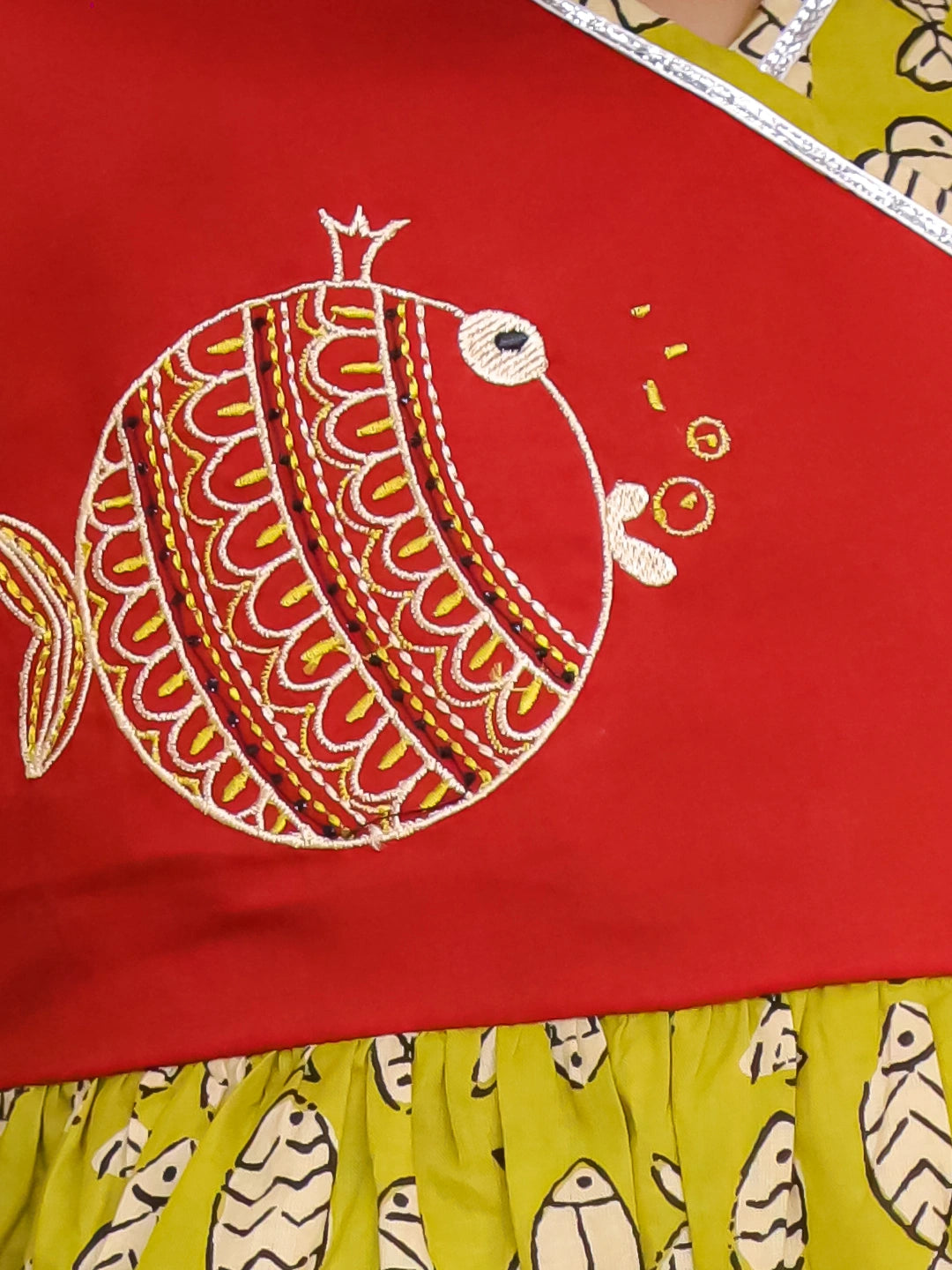 BownBee Pure Cotton Embroidered Sleeveless Angarakha style Fish Print Kurti With Dhoti For Girls