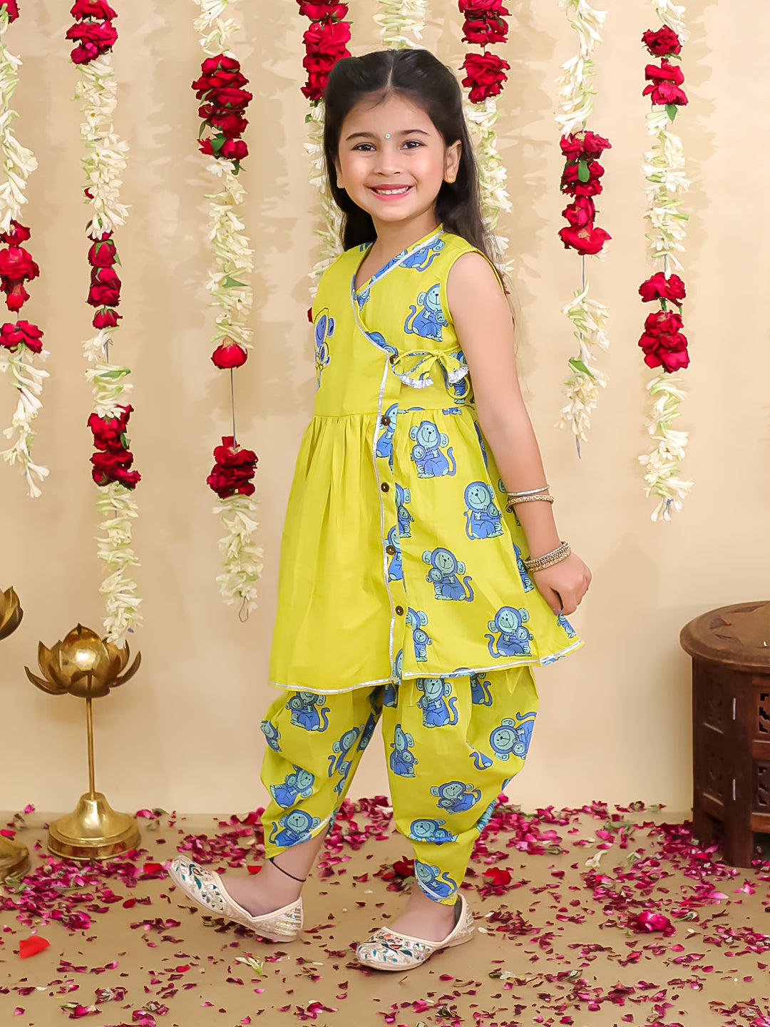 BownBee Pure Cotton Embroidered Sleeveless Angarakha style Fish Print Kurti With Dhoti For Girls- Yellow