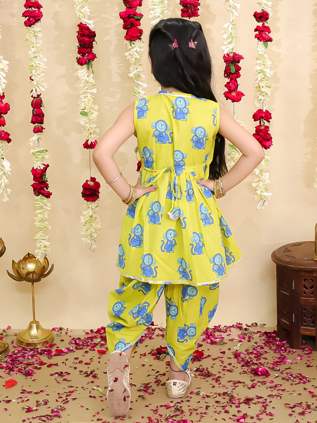 BownBee Pure Cotton Embroidered Sleeveless Angarakha style Fish Print Kurti With Dhoti For Girls- Yellow