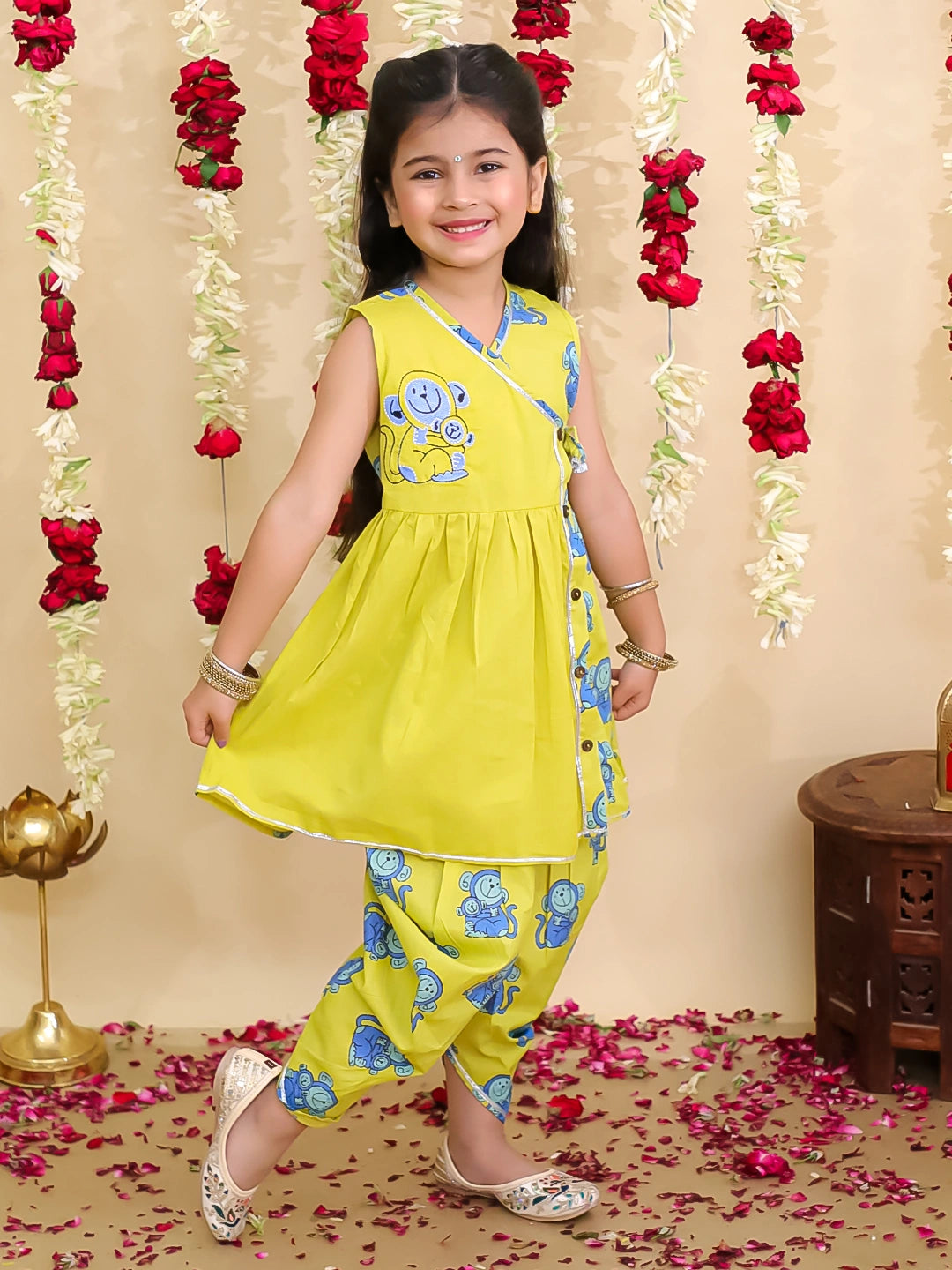 BownBee Pure Cotton Embroidered Sleeveless Angarakha style Fish Print Kurti With Dhoti For Girls- Mustard