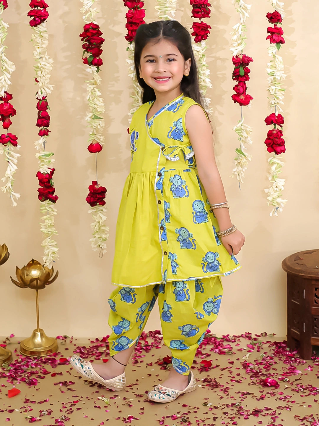 BownBee Pure Cotton Embroidered Sleeveless Angarakha style Fish Print Kurti With Dhoti For Girls- Mustard