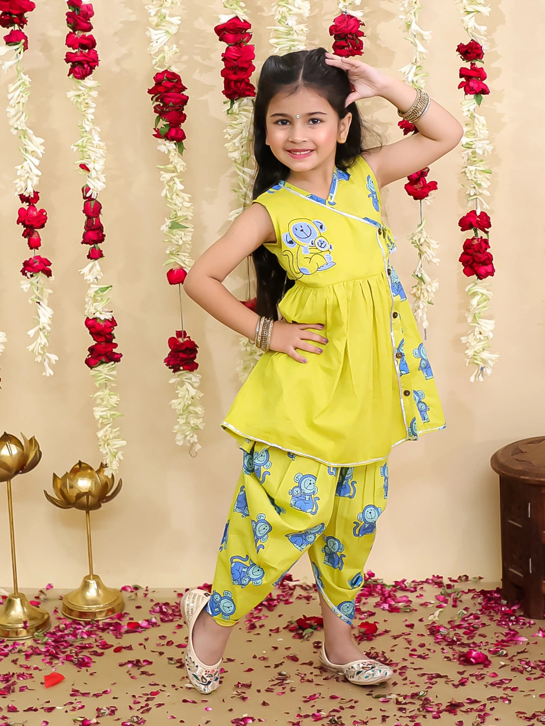 BownBee Pure Cotton Embroidered Sleeveless Angarakha style Fish Print Kurti With Dhoti For Girls- Mustard