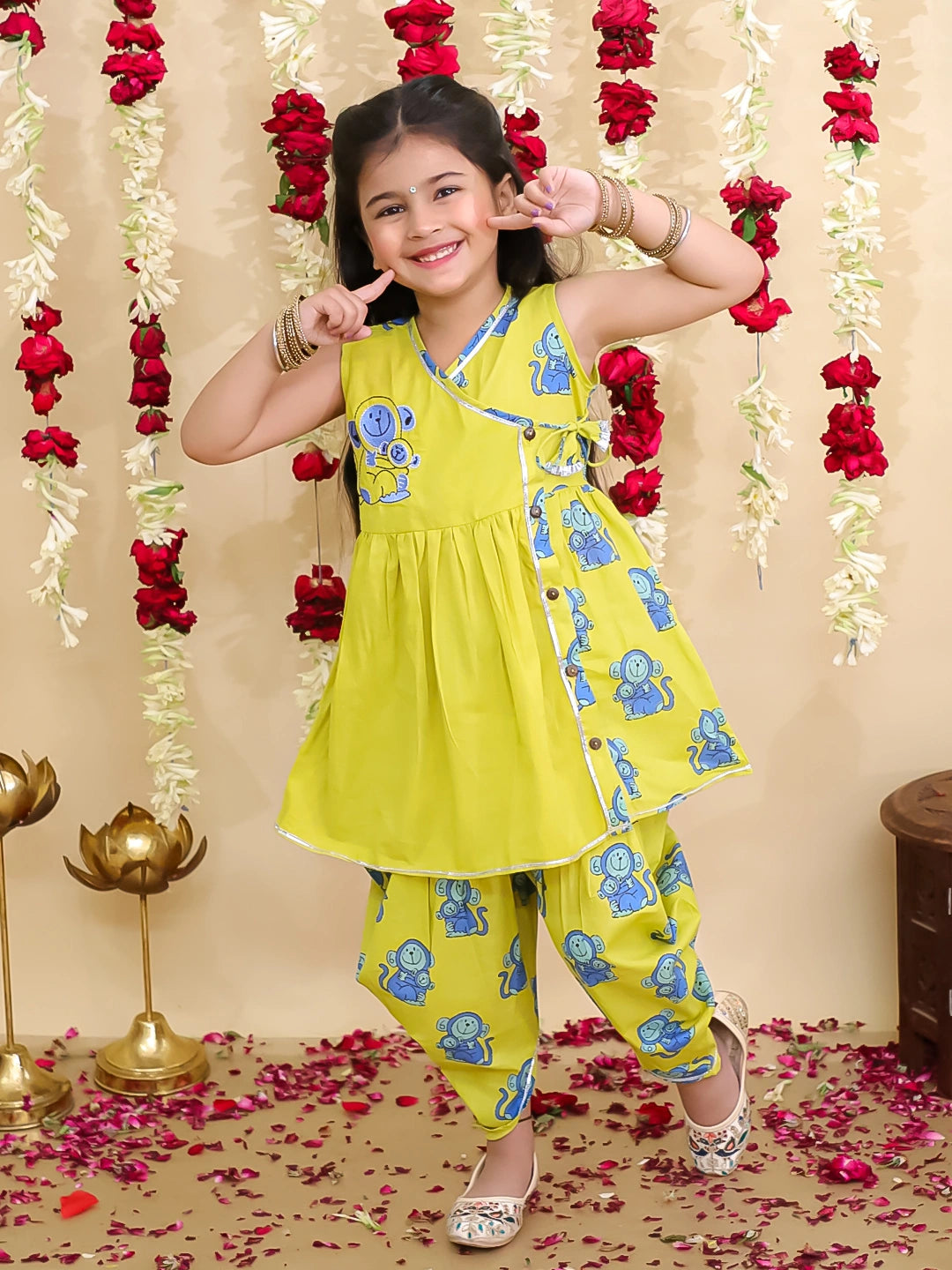 BownBee Pure Cotton Embroidered Sleeveless Angarakha style Fish Print Kurti With Dhoti For Girls- Mustard