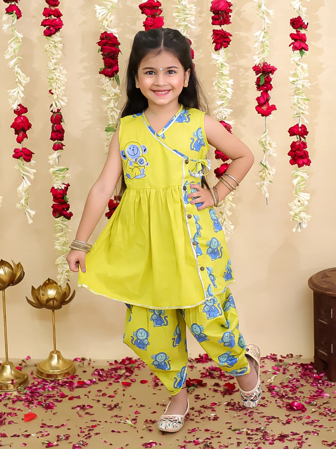 BownBee Pure Cotton Embroidered Sleeveless Angarakha style Fish Print Kurti With Dhoti For Girls- Mustard